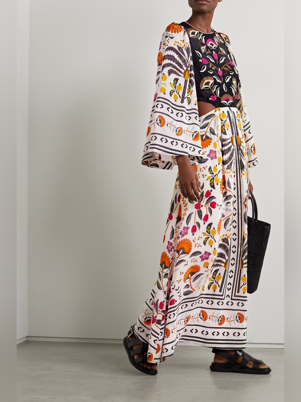 FARM RIO Cutout Embroidered Printed Crepe de Chine Maxi Dress - Picture 2 of 12